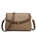 Women's small square crossbody bag in khaki lychee leather with dark brown trim - Dark Khaki