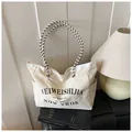 Sac fourre-tout en toile blanc cassé avec poignées tressées et lettrage noir - Grand / Blanc Cassé