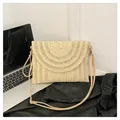 Bohemian cream woven straw crossbody bag with textured flap and leather strap - Semi-circular Weave (Style 1) / Khaki