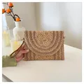 Bohemian woven straw clutch in natural khaki with leather strap and U-shaped texture - Semi-circular Weave (Style 1) / Coffee
