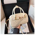 White vintage bowling bag with decorative belt strap and golden metal buckles - One Size / White
