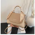 Beige leather and woven handbag with scarf handle and fashion lettering detail - Light Khaki
