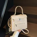 Cream vintage small square bag in matte PU leather with metal buckle and top handle - Off White