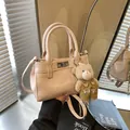Minimalist light pink square handbag with metal swivel lock and cute plush bear pendant - With Charm / Pink (with Pendant)