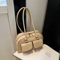 Borsa Boston retrò beige crema con finitura lucida e due tasche anteriori - Senza Ciondolo / Cachi