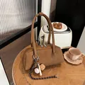 Brown litchi grain bowling bag with double handles and sports themed charm decoration - No Pendant / Khaki With Pendant