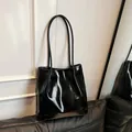 Minimalist black glossy faux leather tote bag with stylish pleated design for women - No Pendant / Black