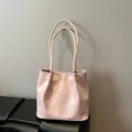Minimalist light pink glossy leather tote bag with long shoulder straps for women - No Pendant / Pink