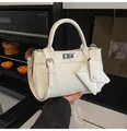 Creamy white vintage tote bag with metal twist lock and decorative mini pouch - No Pendant / White