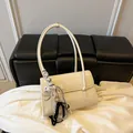 Creamy white faux leather underarm bag with striped silk scarf and beaded charm - With Pendant / White