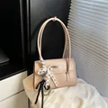 Elegant apricot shoulder bag with checkered lace bow and silver bead pendant detail - With Pendant / Khaki