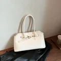 Chic off-white minimalist tote bag with golden buckle and long handles for women - No Pendant / White
