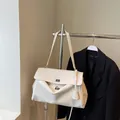 Creamy beige minimalist tote bag with silver twist lock and sleek shoulder strap - S / Beige White Small