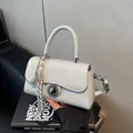 White minimalist retro crossbody bag with silver rotary lock and braided tassel charm - No Pendant / Gray
