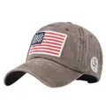 Bordado detallado de USA y parche de bandera en gorra vintage de algodón lavado marrón - Ajustable / Café