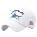 White baseball cap with blue shark embroidery and American flag patch, 45-degree angle - Adjustable / White