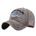 Macro detail of shark embroidery and American flag patch on washed gray baseball cap - Adjustable / Coffee