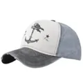 Close-up of distressed brim and anchor print on a vintage grey baseball cap - Black and Grey