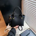 Black lychee texture leather bucket bag with top handles and adjustable strap - No Pendant / Black