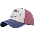 Distressed vintage baseball cap with anchor print and tricolor patchwork design - Navy Blue and Wine Red