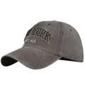 Detail of vintage gray washed cotton baseball cap with New York 3D embroidery textures - Adjustable / Coffee