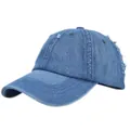 Vintage gewaschene blaue Denim Baseballkappe mit Distressed-Löchern und Fransen-Details - Verstellbar / Marineblau