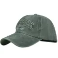 Macro detail of NEW YORK embroidery on vintage washed cotton baseball cap - Adjustable / Army Green