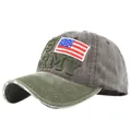 Detail of US Army embroidery and American flag patch on a vintage distressed baseball cap - Adjustable / Coffee