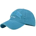 Close-up of vintage blue baseball cap with white New York 1625 3D embroidery detail - Adjustable / Blue