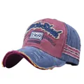 Vintage color block baseball cap with red and denim blue wash and 1969 embroidery - Navy Blue and Wine Red