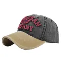 Detail of vintage washed canvas baseball cap with 3D Jean Company 67 embroidery - Adjustable / Khaki + Black