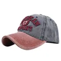 Close-up of vintage American 67 embroidery on a washed blue and red baseball cap - Adjustable / Burgundy + Navy Blue