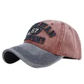 Detail of vintage baseball cap featuring 3D Clean 67 embroidery and contrast stitching - Adjustable / Navy Blue + Wine Red