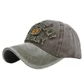 Macro detail of 3D embroidery and vintage washed cotton fabric on baseball cap - Adjustable / Army Green and Coffee