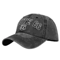 Détail de la broderie vintage Route 66 sur casquette de baseball en toile gris foncé - Réglable / Noir Lavé