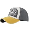Detail of vintage racing cap with motors patch, distressed yellow brim and tricolor design - Yellow + Black