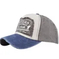 Distressed vintage motors racing team baseball cap with three-color patchwork and frayed edges - Navy And Coffee