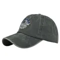 Detailed close-up of MILITARY eagle embroidery on vintage washed cotton baseball cap - Adjustable / Army Green