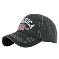 Detailed close-up of white 1776 AMERICA embroidery on a vintage charcoal baseball cap - Adjustable / Army Green