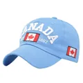 Close-up of premium 3D Canada embroidery and flag patch on light blue cotton baseball cap - Adjustable / Blue