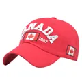 Close-up of red Canada baseball cap featuring white 3D embroidery and flag detail - Adjustable / Red