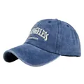 Casquette de baseball en jean délavé bleu vintage avec broderie 3D blanche LOS ANGELES - Réglable / Bleu marine