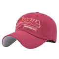 Detailed view of 3D embroidery with Always 75 New York City on burgundy baseball cap - Adjustable / Burgundy
