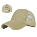 Khaki gewaschene Vintage Pferdeschwanz Baseballkappe mit Mesh und elastischem Kreuzband - Verstellbar / Khaki