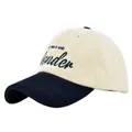 Dettaglio del ricamo WONDER su cappellino da baseball in velluto a coste - Regolabile / Beige con Blu Navy