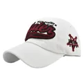 Close-up of 3D embroidery detail on white cotton baseball cap showing Ruler logo - Adjustable / White