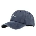Detail view of washed denim baseball cap featuring minimalist white mountain embroidery - Adjustable / Navy Blue