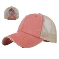 Vue détaillée casquette queue de cheval rose délavée avec filet et fermeture velcro - Réglable / Rouge Orangé