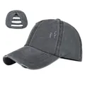 Detail of dark grey distressed ponytail baseball cap featuring unique elastic back opening - Adjustable / Washed Black
