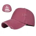 Distressed ponytail baseball cap in washed pink with criss-cross elastic back bands - Adjustable / Burgundy